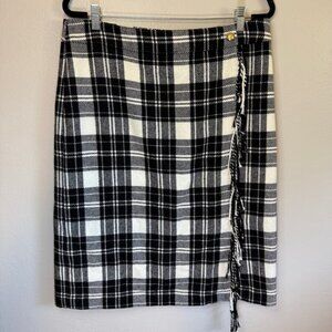 Talbots Wool Blend Fringe Wrap Skirt Ice Plaid Black White Women’s Size 14 Plus